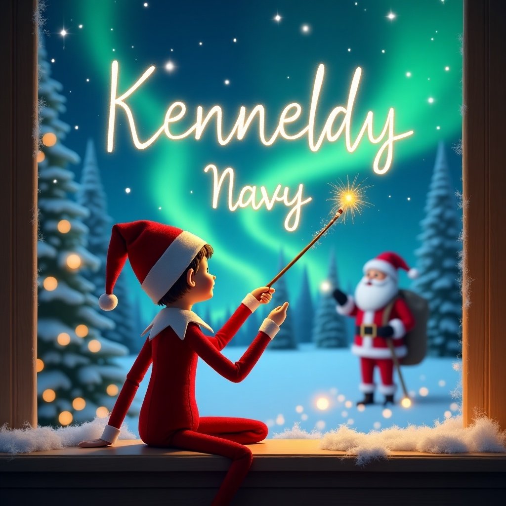 Elf on the shelf is facing the sky. It uses a wand to write names in the air. The background is a magical Christmas scene with northern lights and Santa.