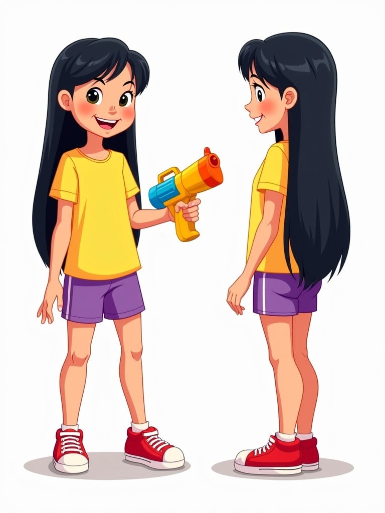 Cartoon character turn-around sheet. Cheerful girl. Long black hair. Bright yellow t-shirt. Purple shorts. Colorful water gun. Red sneakers. Vibrant engaging style. Suitable for children.