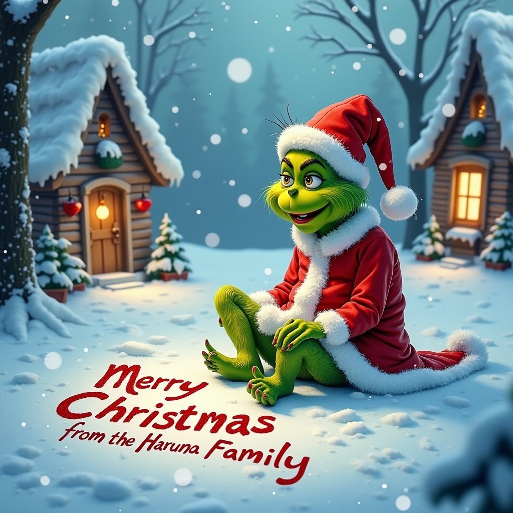 In a snowy landscape, the Grinch sits in a red and white outfit. He writes 'Merry Christmas from the Haruna family' in the snow. Snowflakes fall around him, enhancing the cheerful scene. Cottages with warm lights add to the magical atmosphere. This moment captures creativity and holiday spirit.