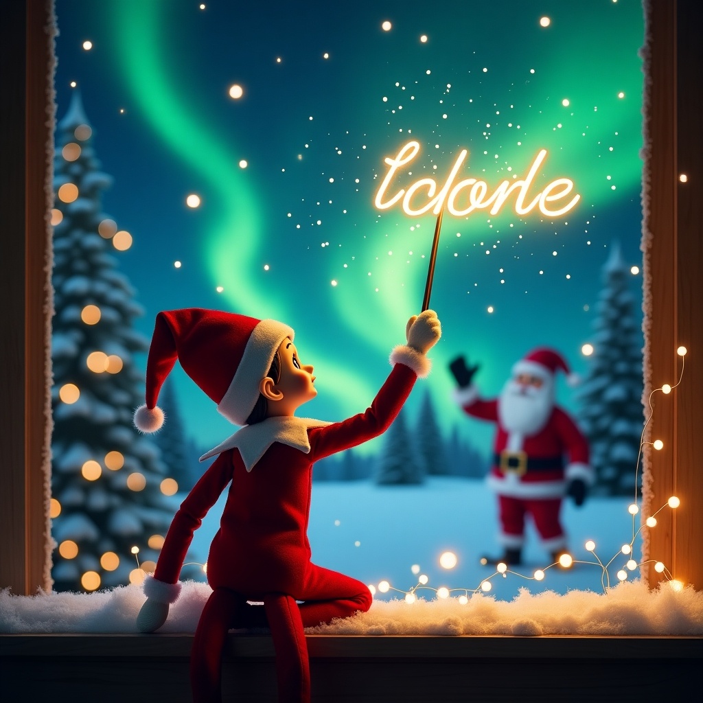 This enchanting Christmas scene showcases an elf on the shelf, positioned with its back to the viewer. The elf, dressed in bright red and white, is wielding a magic wand, crafting glowing words in the sky. Vibrant northern lights illuminate the backdrop, adding a magical touch. In the distance, Santa Claus waves cheerfully, contributing to the festive spirit. The names 'Brenli' and 'Scottlyn' elegantly appear in the sky, creating a whimsical atmosphere. Overall, the scene captures the joy and wonder that embodies the holiday season, evoking feelings of warmth and excitement.