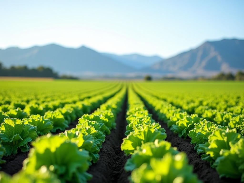 Bright green rows of lettuce stretch to the horizon. The lettuce is vibrant and healthy, showcasing a lush farming landscape. In the background, there are majestic mountains, adding depth to the scene. The sky is clear and blue, indicating a beautiful day. This image captures the essence of agricultural beauty and sustainability.