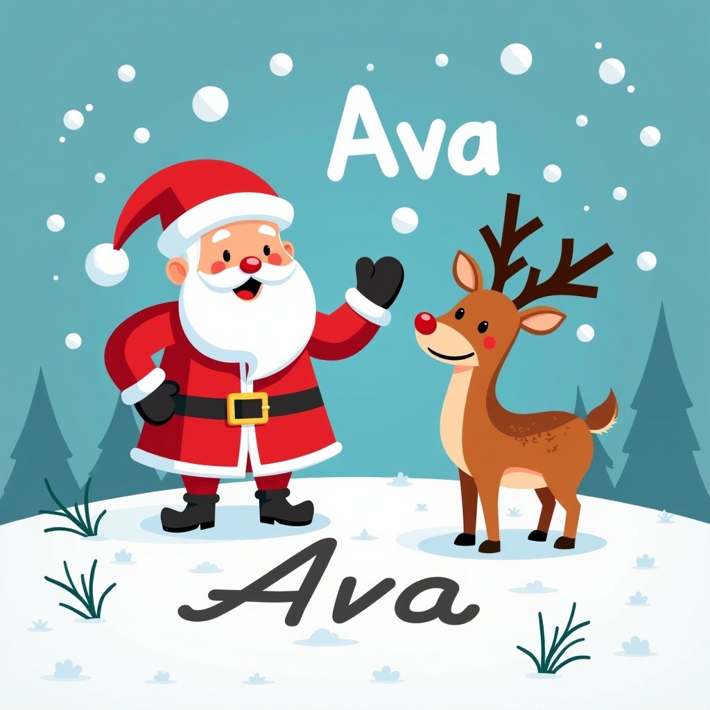 Jolly Santa Claus stands in snow. Writing children's names in snow like Ava. Cheerful reindeer beside him. Vibrant blue background with white snow. Scene reflects festive holiday atmosphere.