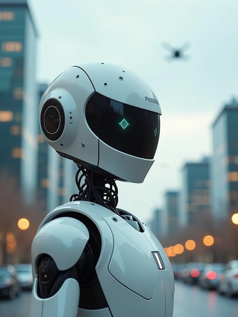 Close up of a humanoid robot. Photography style is unsplash with cinemascope panorama. The setting is a futuristic parking lot with skyscrapers in the background. Features flying cars. Sponsored imagery style inspired by Greta Thunberg's themes. By Bholekar Srihari. Captured in high definition.