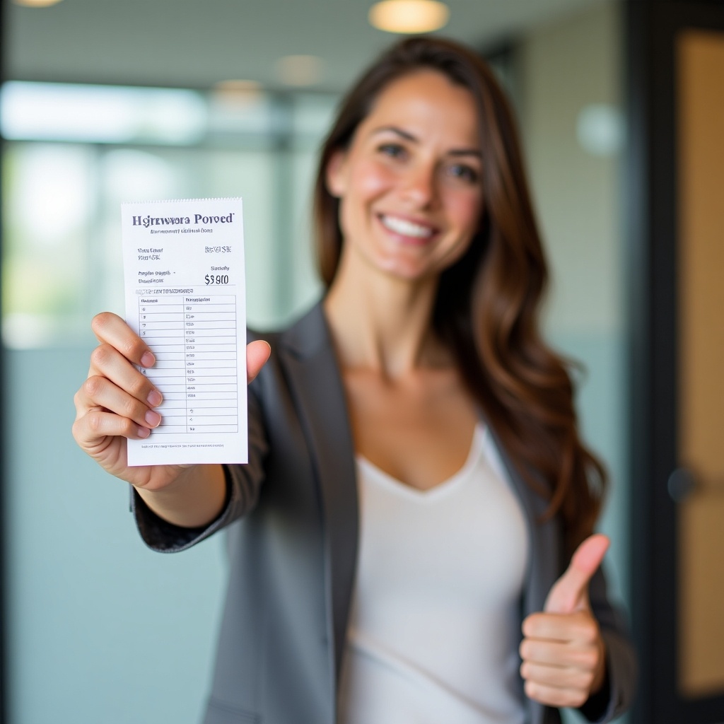 Visual representation of payment proof with a confident woman showing a receipt and a thumbs-up gesture. Professional appearance in modern background. Digital style.