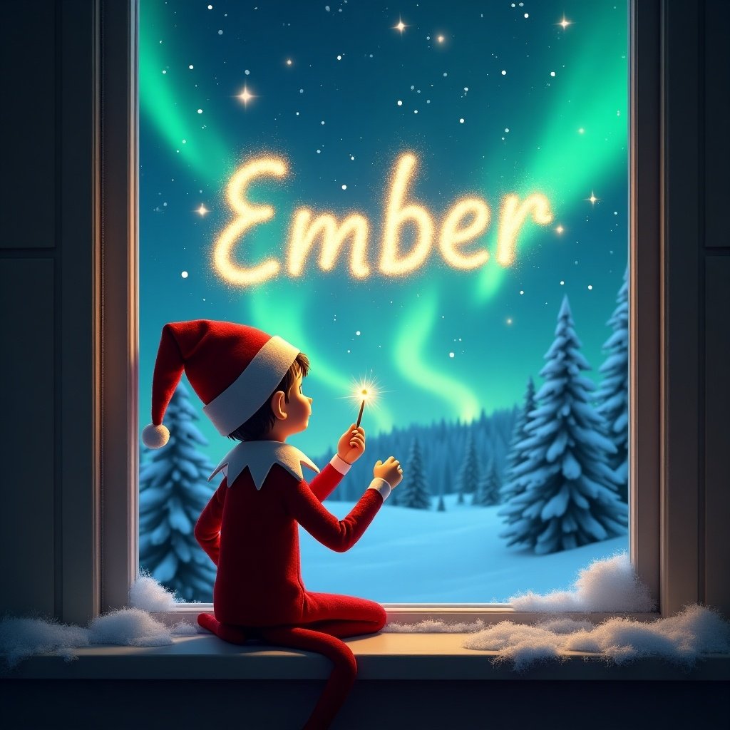 An elf on the shelf sits facing a window. The elf is creating the name 'Ember' in sparkling letters. The background shows a magical night sky filled with northern lights and snow-covered trees. The scene evokes a festive atmosphere and a heartwarming holiday moment.