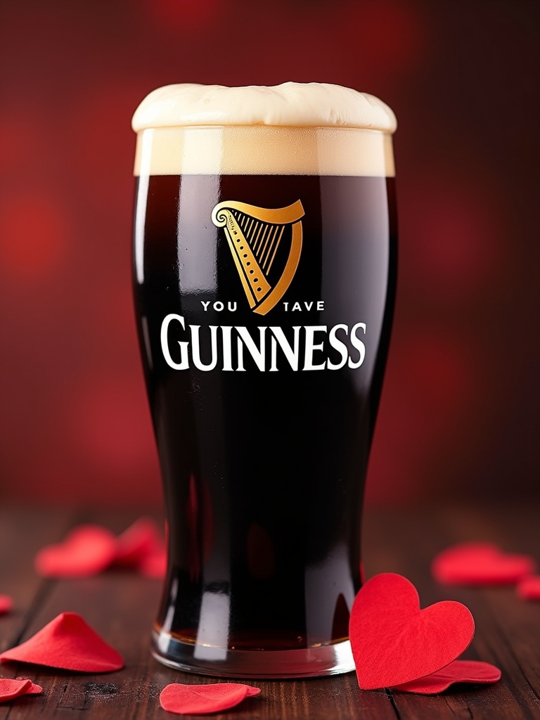 A pint of Guinness with a creamy head. The glass features the Guinness logo prominently displayed. The setting includes red heart shapes around the glass to create a Valentine's Day theme.