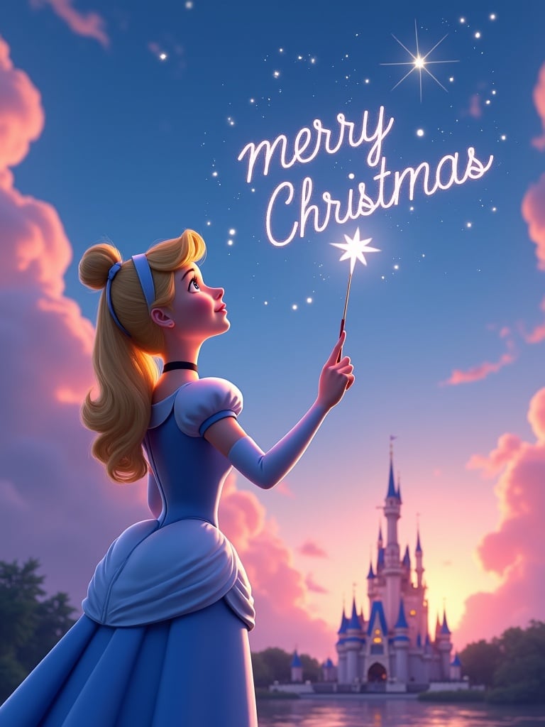 Cinderella character in Pixar style. Holds a star wand. Wand writes 'merry Christmas' in the sky. Backdrop includes blue, pink, and purple clouds with a sunset. Disney castle and lake below.