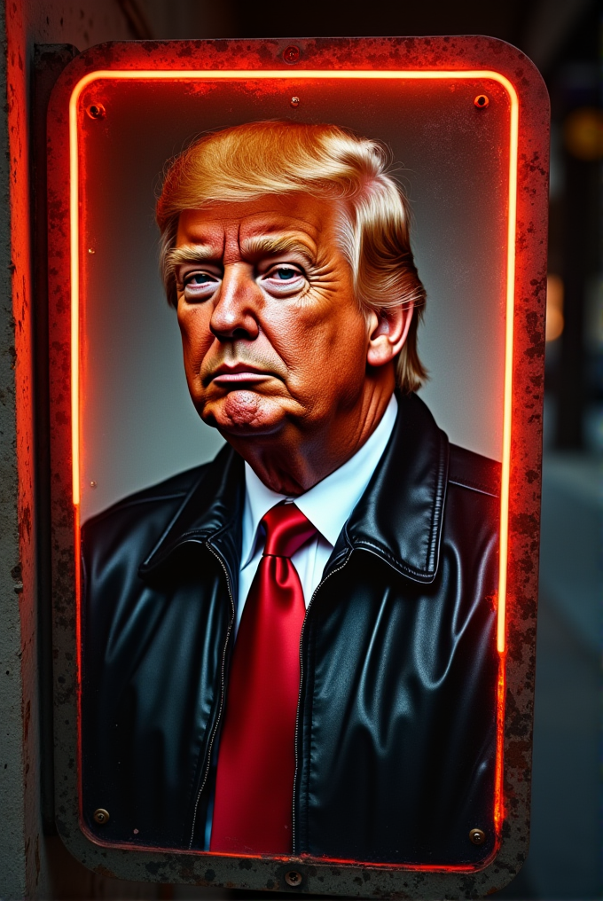 A man with a serious expression in a leather jacket and red tie, surrounded by a neon frame.