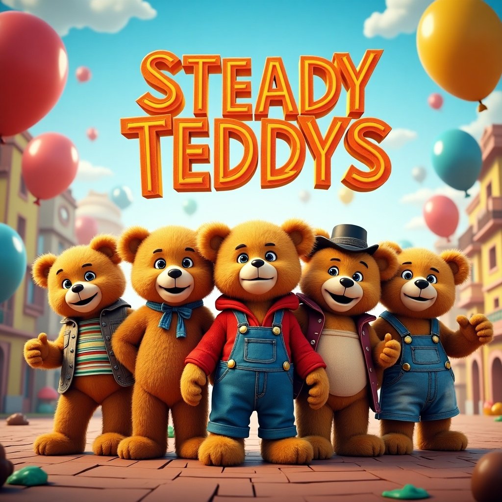 A movie poster featuring animated teddy bear characters. The title reads Steady Teddys. Background is a colorful town with balloons. The bears are in cheerful poses.