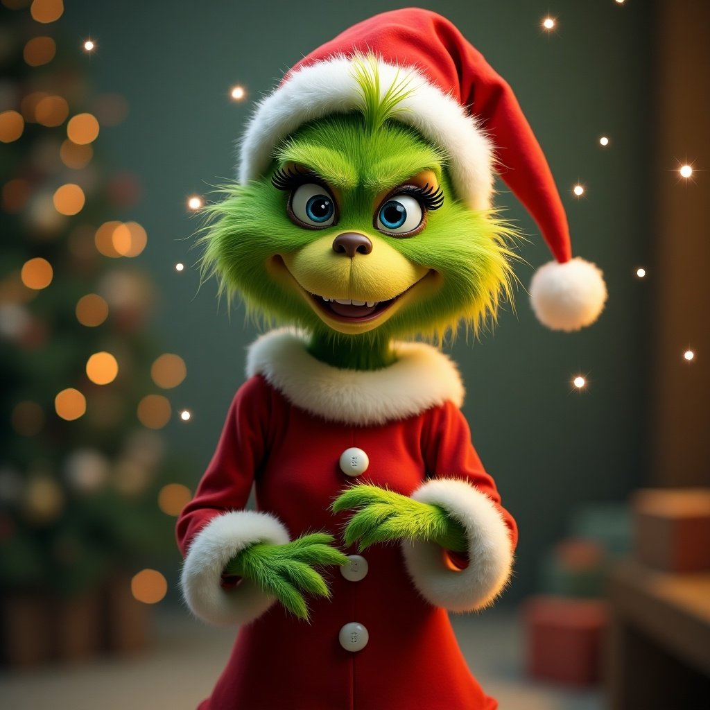 Cheerful Grinch character dressed in red Christmas coat with white trim. Grinch is smiling with hands uplifted as if dancing. Background has blurry festive lights suggesting a holiday theme.