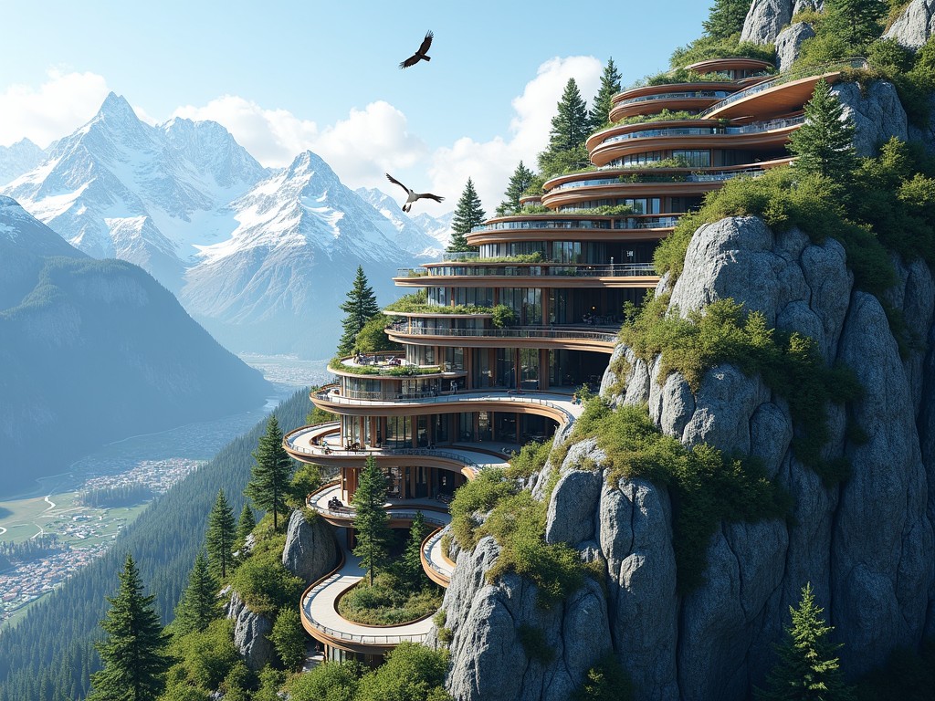 This stunning digital artwork depicts a modern architectural marvel seamlessly integrated into a mountainside. The building features circular terraces lined with greenery, highlighting a harmonious blend with nature. Snow-capped mountains and a clear blue sky frame the background, adding to the sense of tranquility and isolation.