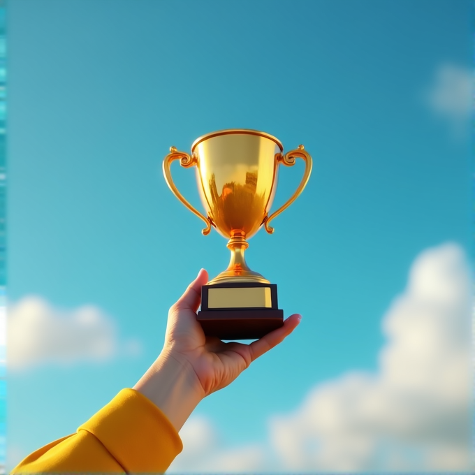 A hand holding up a shiny golden trophy against a bright, cloud-dotted blue sky.