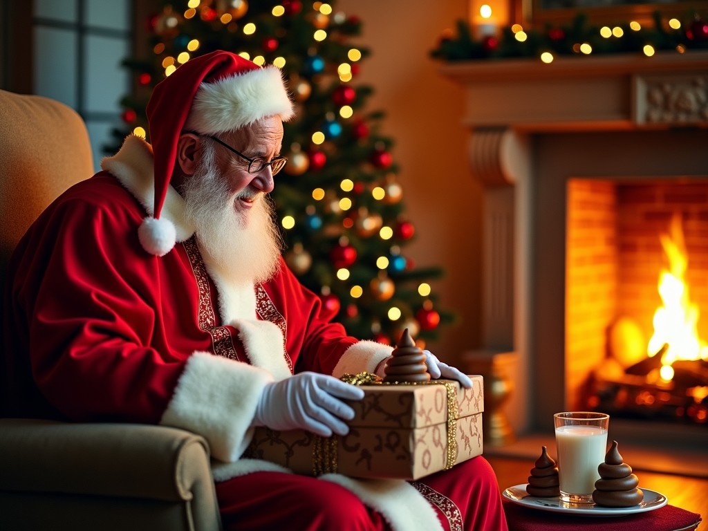 The image captures a festive scene with Santa Claus joyfully holding a wrapped gift. He is seated in a cozy, warmly lit room, complete with a decorated Christmas tree and a roaring fireplace in the background. A plate with what appears to be chocolate-shaped treats and a glass of milk sits nearby, adding a playful twist to the traditional Christmas setting.