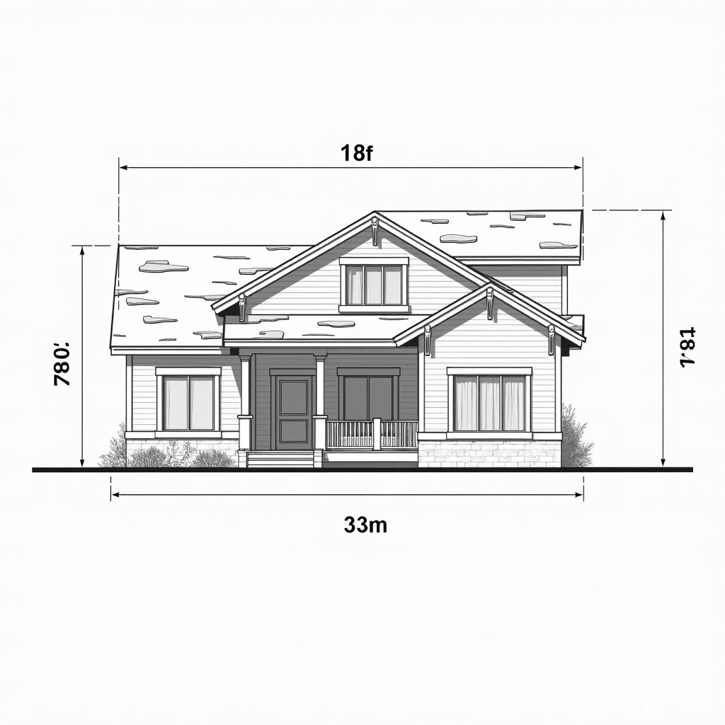 Elevation design for a modern home exterior wall. House dimensions are 18 feet wide and 33 feet tall. Features front view with windows and a balcony.