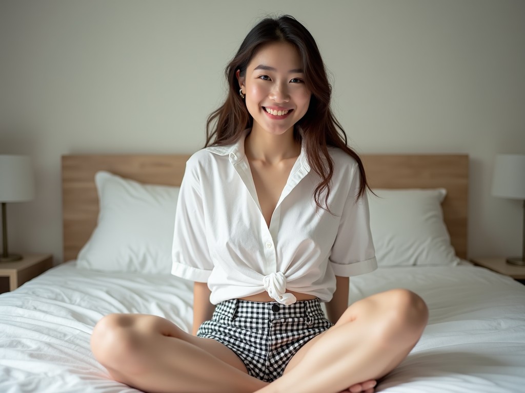 A young woman sitting cross-legged on a bed, smiling, wearing a white shirt and checkered shorts, with a minimalistic bedroom background.