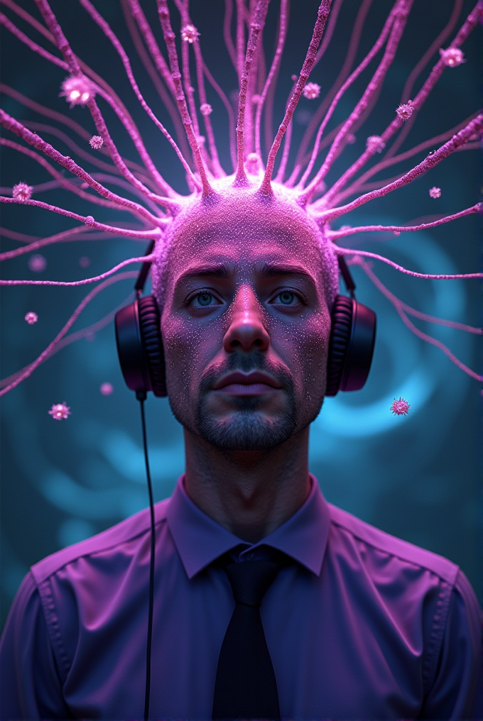 A man with headphones has glowing pink tendrils extending from his head, creating a futuristic and surreal appearance.