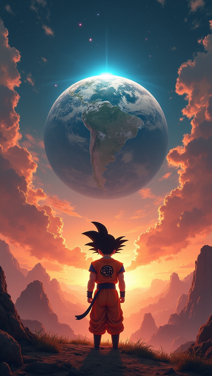 A figure stands resolutely in a dramatic mountain landscape at dawn, gazing up at a large blue and green planet in the sky. The clouds, brilliantly highlighted in orange by the rising sun, frame the serene and powerful scene. The contrast between the vast cosmic backdrop and the human element evokes a sense of wonder and guardianship over the Earth.