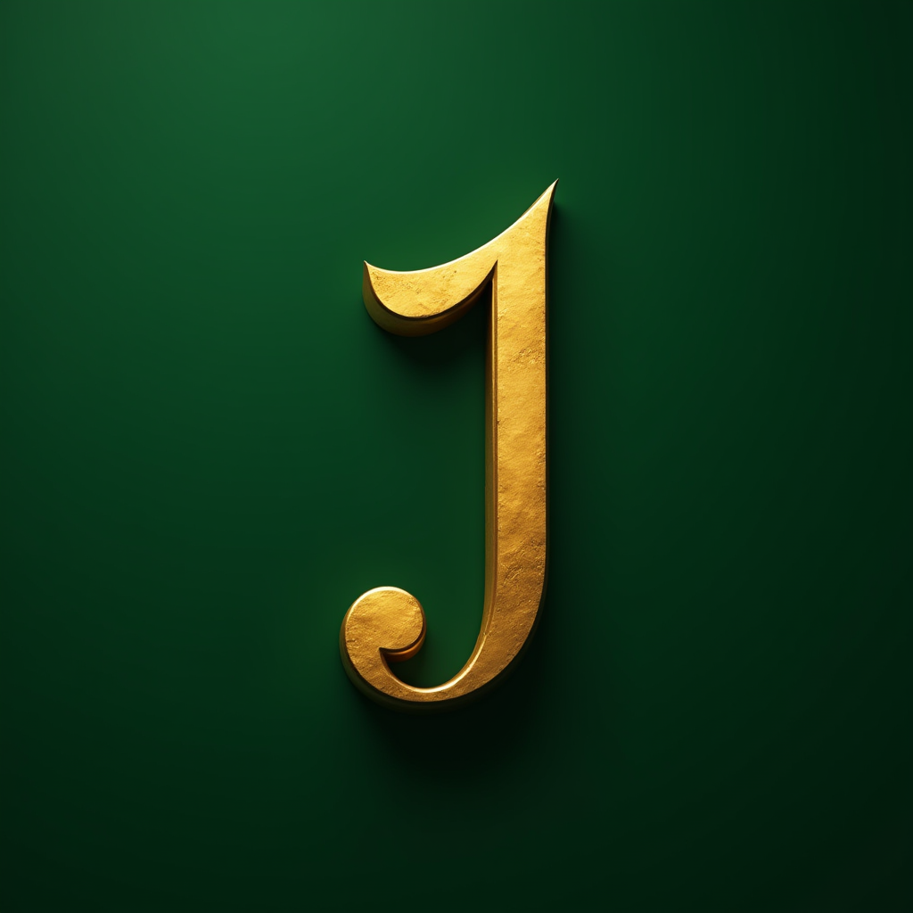 A gold letter 'J' is set against a dark green background.