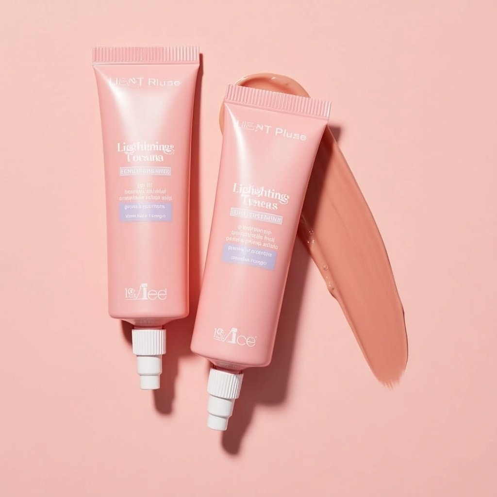 Two tubes of lip lightning cream placed on soft pink background. A swatch of the cream spills out beside the tubes. The tubes are pastel pink and feature labels in a clean font.