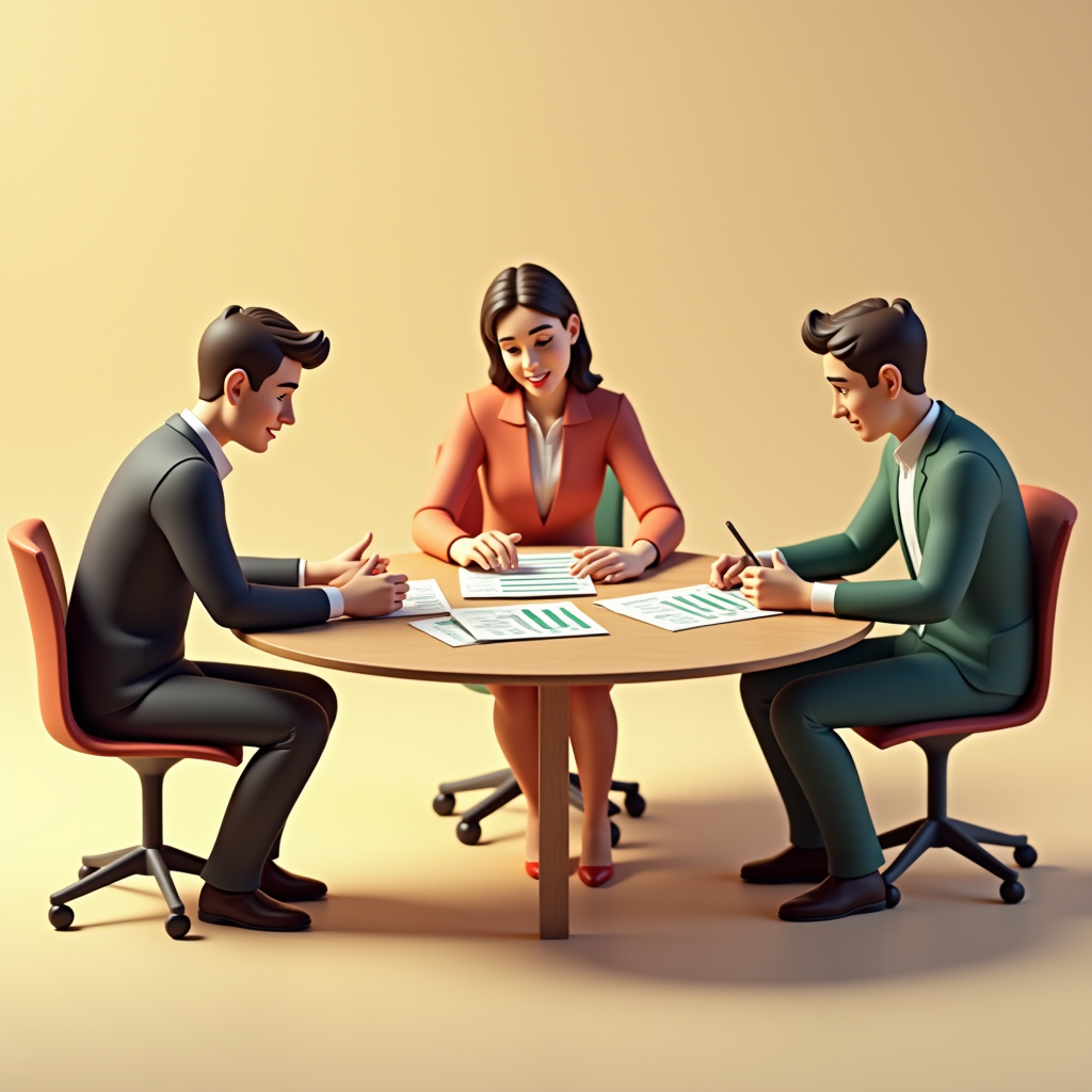 Three animated professionals engaged in a discussion around a round table with documents and charts.