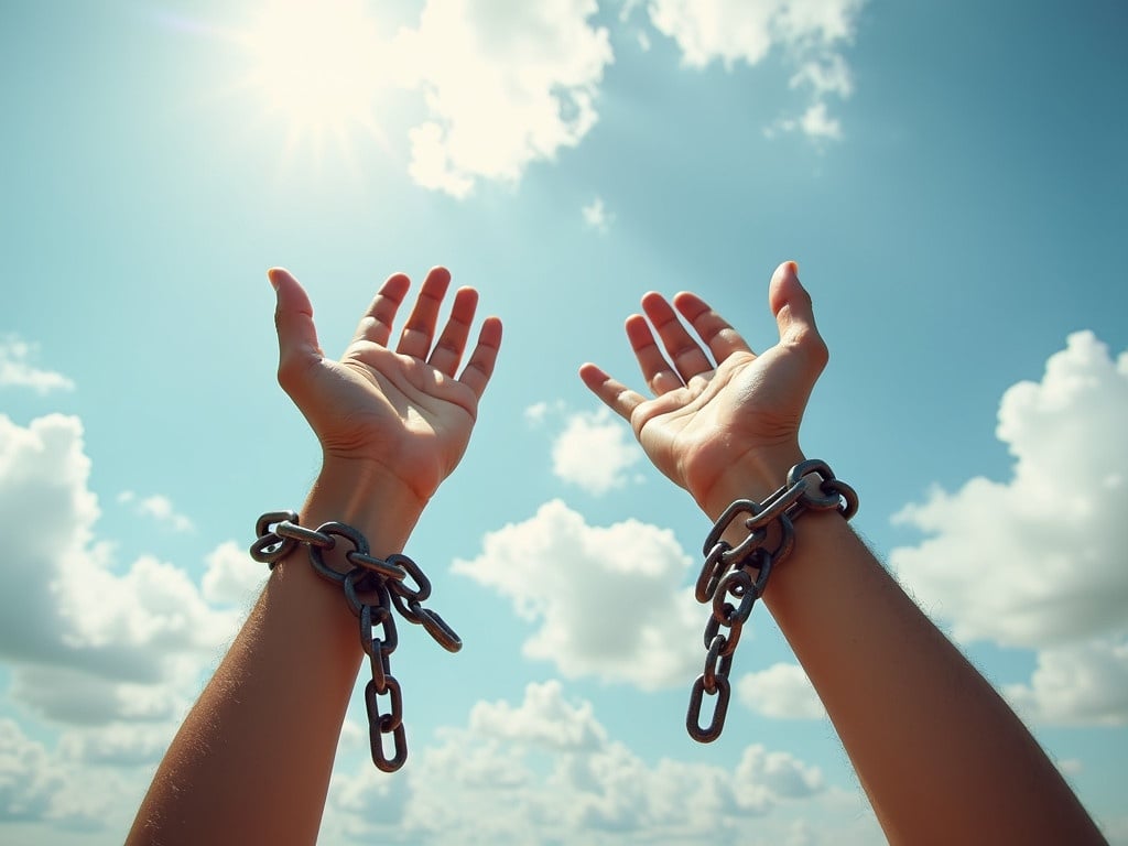 Two hands raised towards the sky with broken chains around the wrists. The chains are breaking and cracking. The scene symbolizes freedom and liberation. Bright sky with fluffy clouds enhances the sense of openness and release.