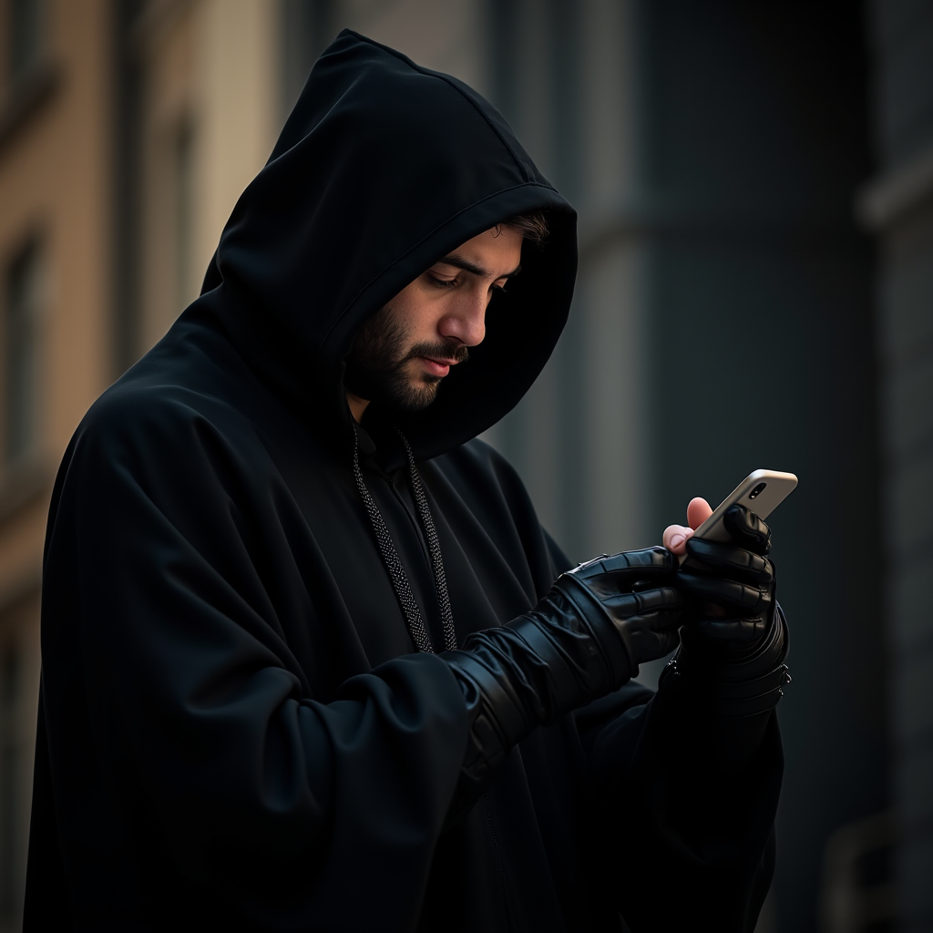 A person in a black hooded cloak and gloves looks intently at their smartphone in an urban setting.