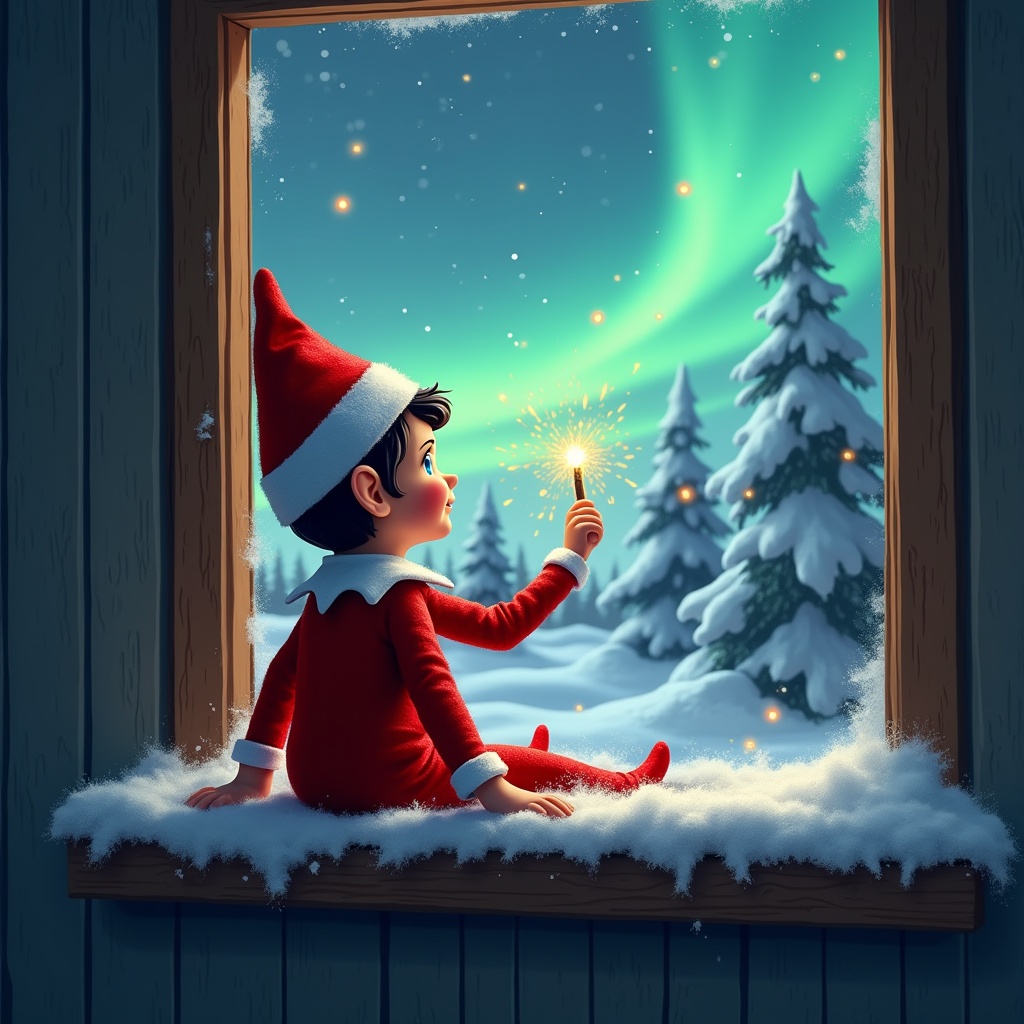 The image features an adorable elf on the shelf sitting on a window ledge, with his back turned to the viewer. He is using a magical wand to create twinkling sparks while looking up at a stunning display of northern lights. The background is set in a winter wonderland, filled with snow-covered pine trees, conjuring a festive holiday feel. Dressed in a vibrant red outfit with white trim, the elf embodies the Christmas spirit. The scene is illuminated by the enchanting colors of the aurora borealis, enhancing the magical ambiance.