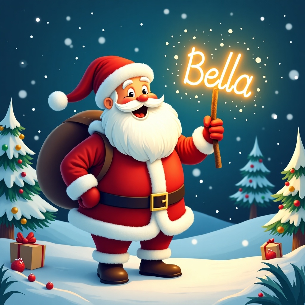 Cheerful Santa Claus in a snowy landscape holding a glowing stick with the name Bella. Santa wears a classic red and white outfit with a jolly smile. Surrounded by festive elements like snow-covered trees and colorful decorations. A magical atmosphere created by the warm glow from the stick.