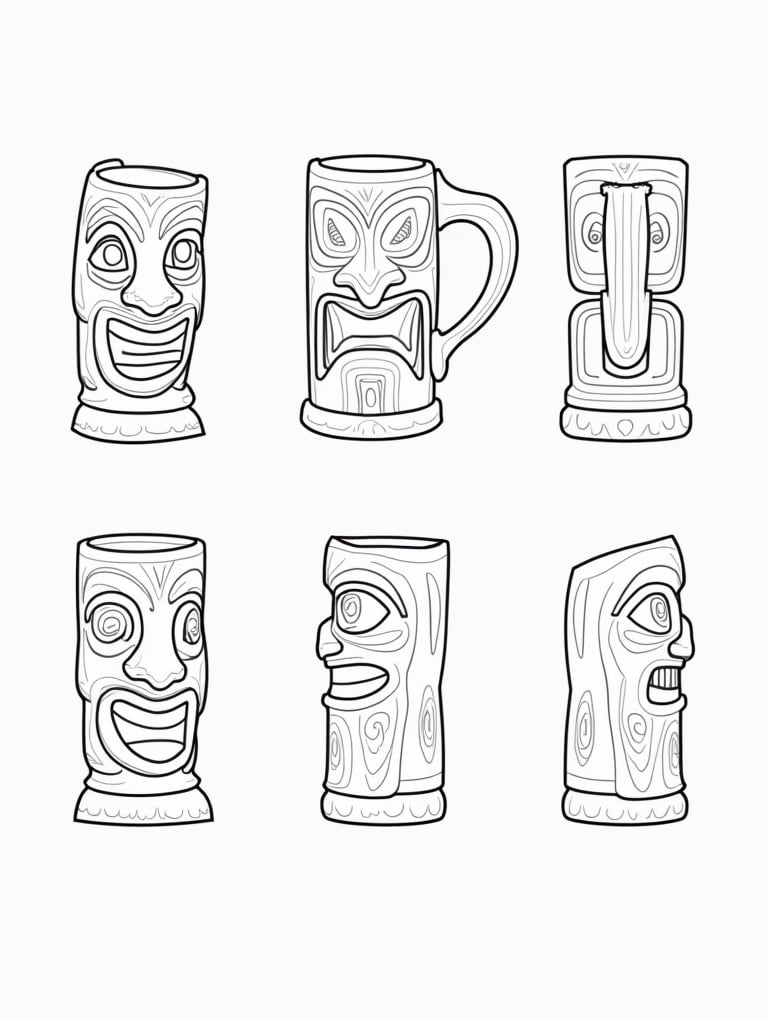 Tiki mugs displayed in different orientations. Designs are simplified with outlines. Suitable for technical drawing applications.