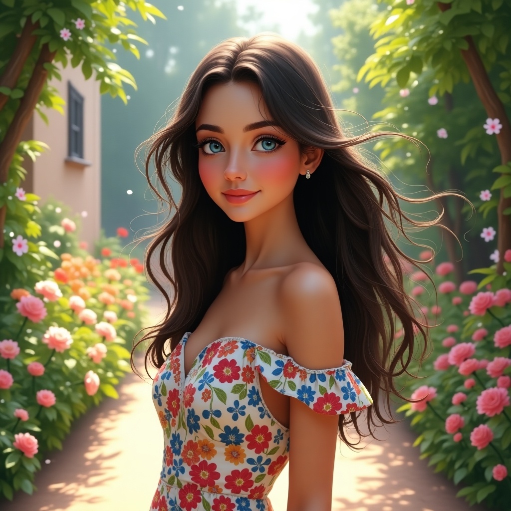 A beautiful young woman named Antonella stands in a blooming garden. She wears a stylish floral dress, smiling softly at the viewer. The background is filled with vibrant flowers and lush greenery. The lighting is warm and inviting, creating a dreamy atmosphere. This portrait captures her beauty and grace, making it perfect for lifestyle and fashion themes.