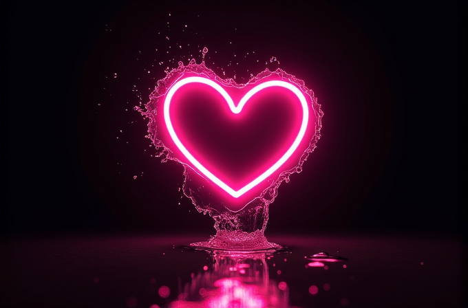 A vibrant pink neon heart is surrounded by a splash effect on a dark background.