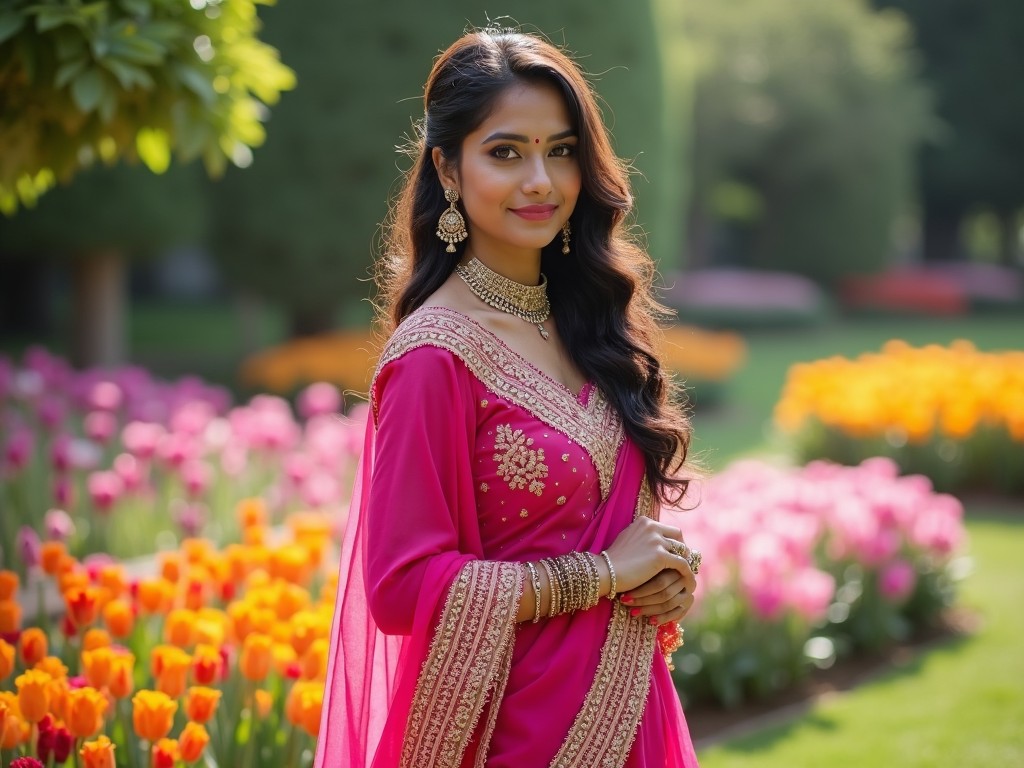 A woman in a traditional South Asian dress standing in a vibrant garden with blooming flowers, captured in soft natural lighting.