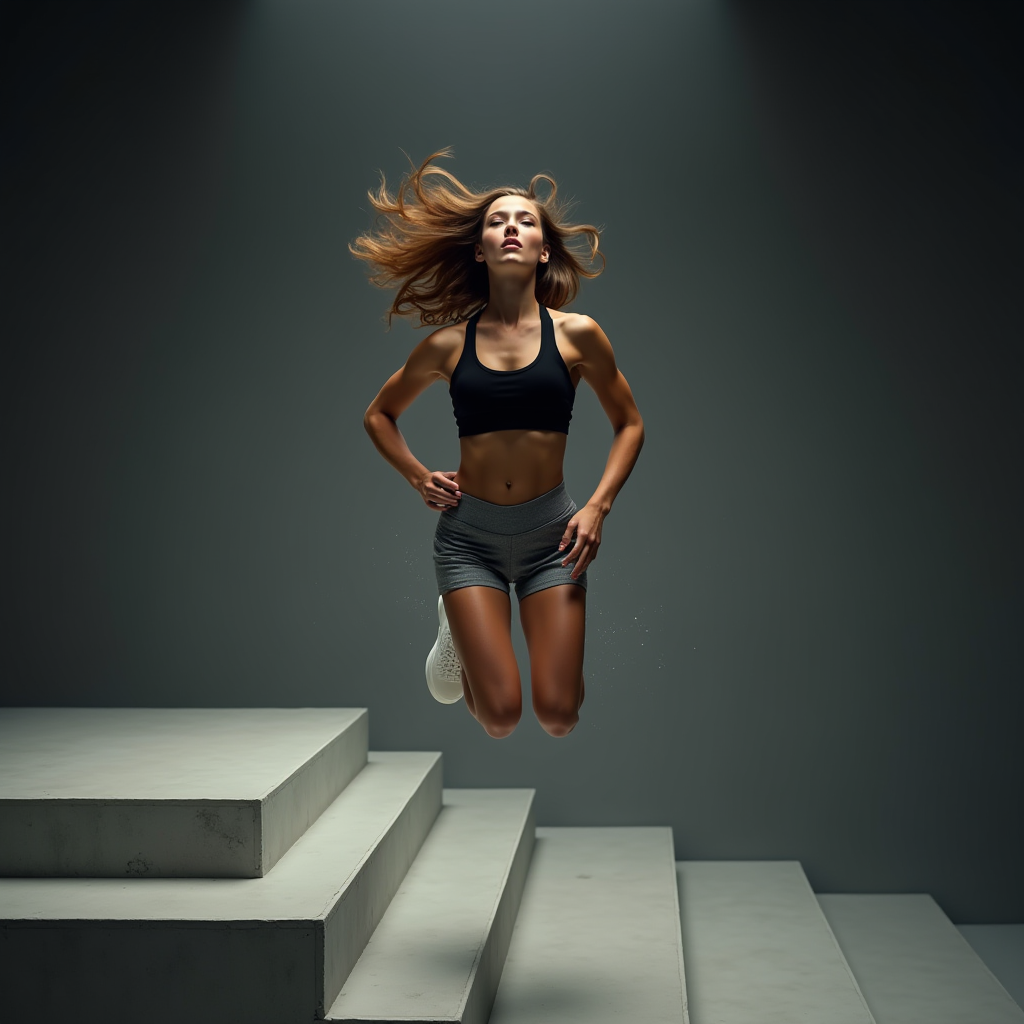 A woman in athletic wear, captured mid-air while leaping down staircase steps, exuding strength and energy.