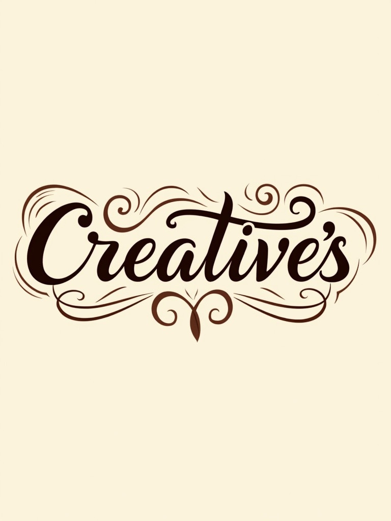 Image features the word Creative's in an elegant font. Decorations include swirls and flourishes. Background is soft beige and text is dark brown. The design feels warm and inviting. Suitable for creative industries focusing on artistry.