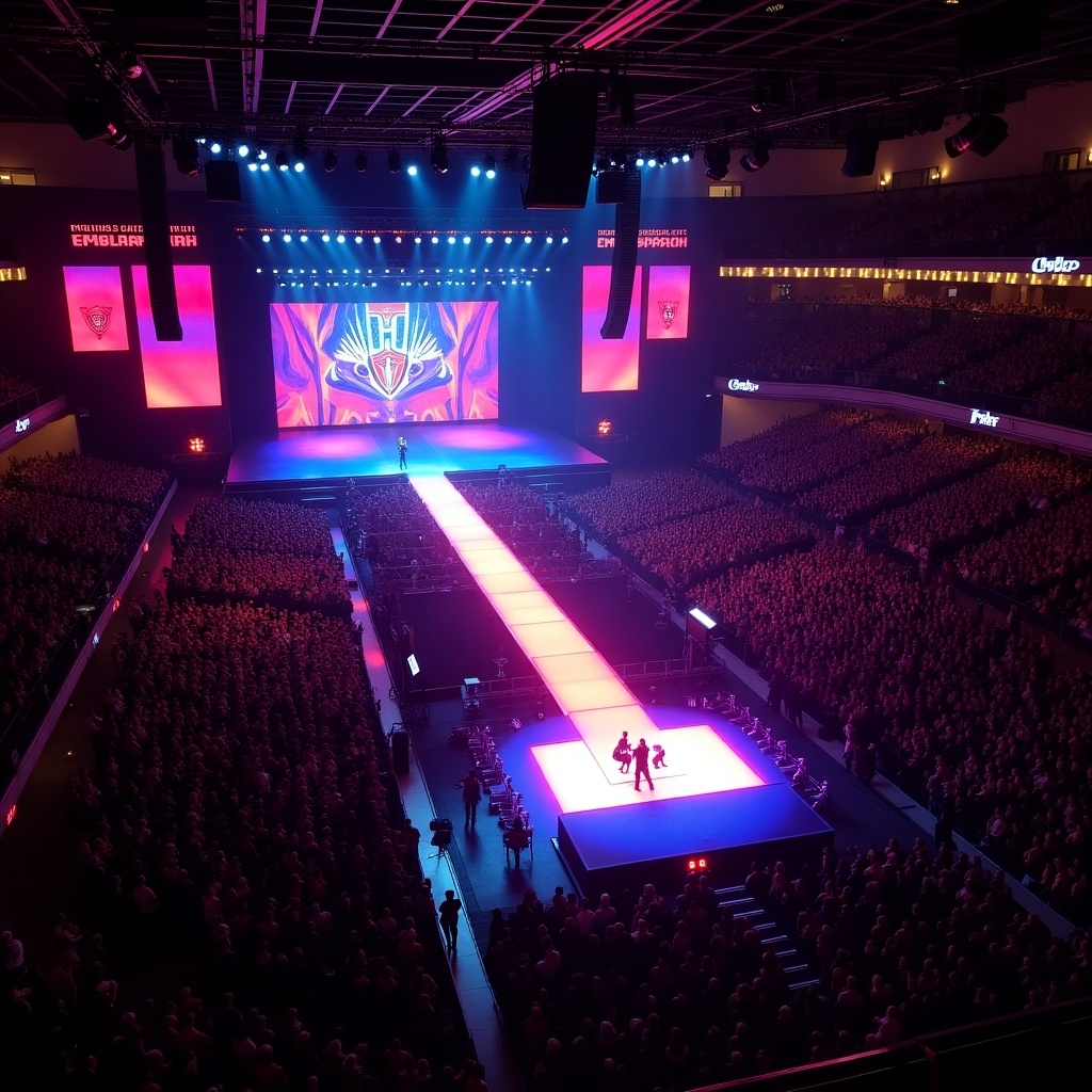 The image captures a view of a concert stage at Madison Square Garden, specifically for a Roddy Rich performance. The design prominently features a T-shaped runway that extends into the audience. Bright, colorful lighting fills the stage area, creating an energetic atmosphere. A large screen with vibrant graphics adds to the visual appeal. The perspective is from above, resembling a drone shot, showing an engaged and excited crowd ready for the performance.