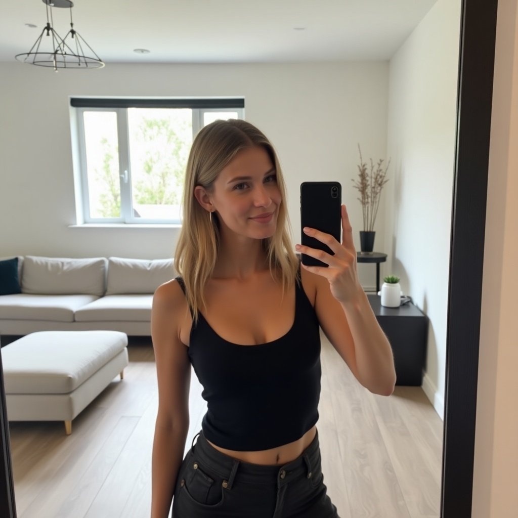 A woman takes a mirror selfie wearing a tank top. Room features minimalist decor and natural light.