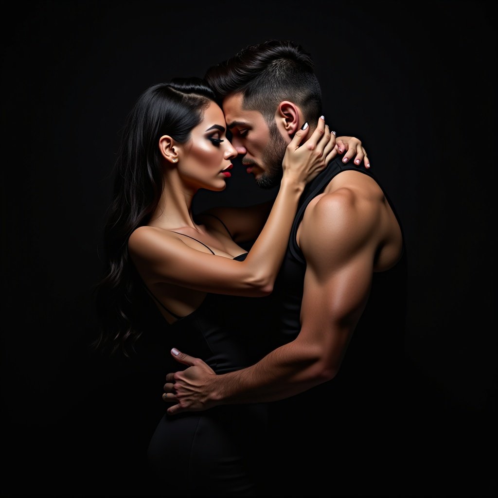 A couple embraces intimately in a dark setting. The woman has long dark hair and dramatic makeup. The man has a rugged appearance with short hair. They wear elegant black attire. The scene evokes sophistication and allure.