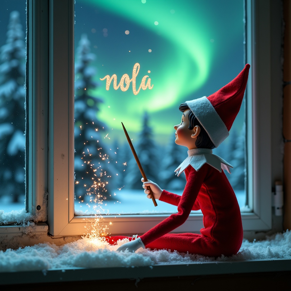 The image features a charming scene with an elf on the shelf sitting on a windowsill. The elf, turned away from the viewer, gazes upward at a mesmerizing display of northern lights. In his hand, he holds a wand that produces magical sparks as he writes the word 'nola'. The background shows snow-covered pine trees that enhance the festive atmosphere. Dressed in a bright red outfit with fluffy white trim, the elf embodies the spirit of Christmas.