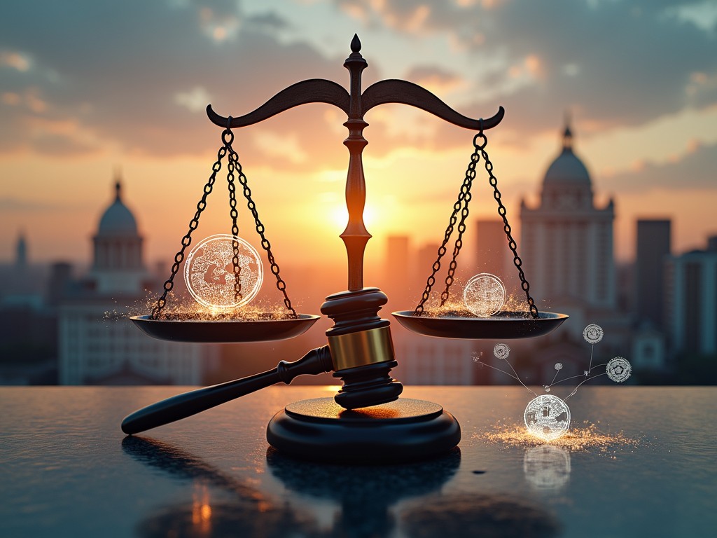 The image features a symbolic depiction of justice with scales holding luminous digital coins, one representing Bitcoin, against the backdrop of a city skyline at sunset. In the foreground, a gavel rests on a table, suggesting a legal context. The warm glow from the sunset highlights the conflict and harmony between legal systems and cryptocurrency technologies, evoking thoughts on regulation and innovation.