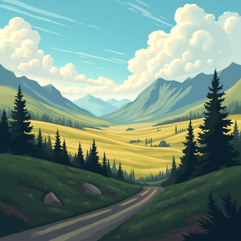 Landscape depicted in a digital speed paint. Features rolling hills, mountains in the background, a winding road, and a vibrant sky with clouds.