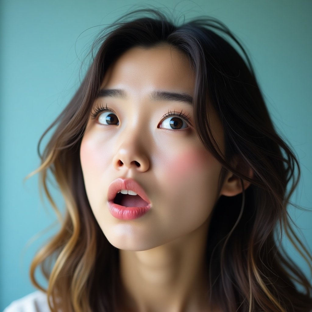 Close-up portrait of a young Asian woman with dark hair styled in loose waves. She looks up and slightly to the right, showing surprise and slight discomfort. Her lips are parted, and her eyes are wide with a hint of tears. She has blush on her cheeks and glossed lips. A blurred blue background adds softness to the image. The lighting is diffused and gentle, creating a natural look.