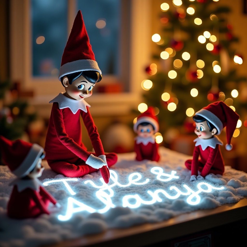 Elf writes names Tyler & Alanya in illuminated snow. Smaller elves watch excitedly. Cozy Christmas tree in background. Festive holiday spirit captured in scene.