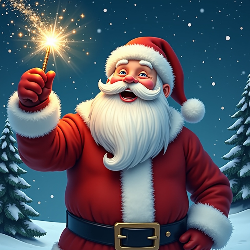 A jolly Santa Claus stands in a snowy landscape. He holds a magical wand shining with sparkles. Santa wears a classic red suit with white fur trim and a matching hat. His eyes twinkle with joy as he appears to be writing names in the sky. The background features evergreen trees and a starry night sky. The overall atmosphere is festive and magical, perfect for the holiday season.