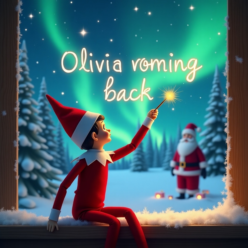 The scene showcases an adorable elf from the popular 'Elf on the Shelf' concept. The elf is positioned with his back to the viewer, facing a stunning sky filled with northern lights. In his hand, he holds a wand, magically writing 'Olivia, I’m coming back' in the air. The background features a winter wonderland, complete with snow and Santa Claus, who is slightly blurred in the distance. The overall ambiance is festive and magical, capturing the spirit of the holiday season.