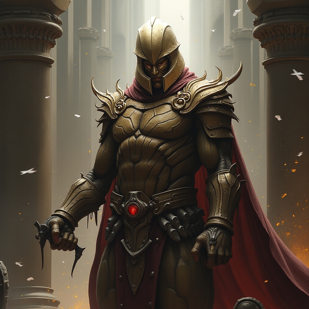 This image features a powerful warrior standing in a grand architectural setting. The warrior, adorned in detailed golden armor with a flowing red cape, exudes an aura of strength and bravery. A mystical light highlights the intricacies of the armor and the glowing gem at the center of the chest plate. Tall columns rise behind the figure, enhancing the epic background. The overall atmosphere combines elements of fantasy and adventure, drawing viewers into a world of heroes and legends.