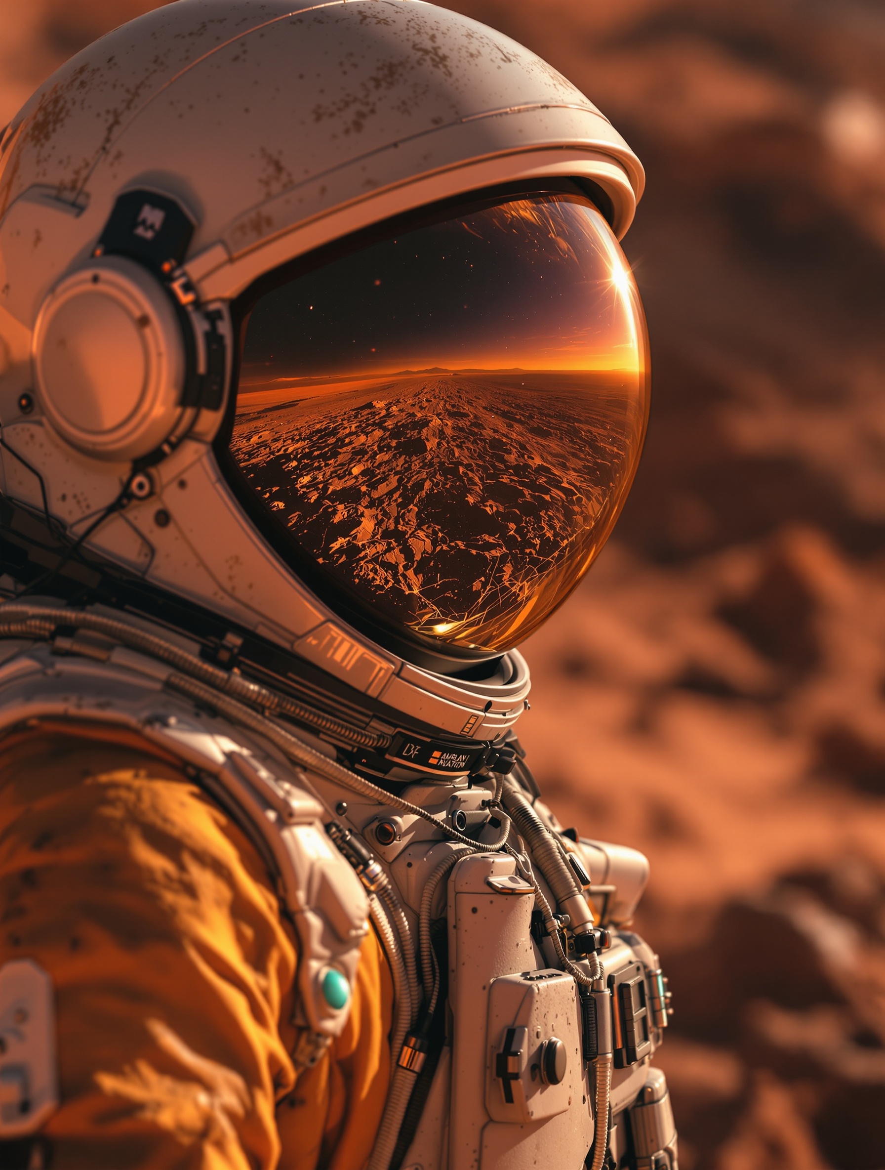 Hyper-realistic close-up of astronaut standing on rocky Martian surface. Reflective visor shows stunning vista of red planet’s horizon. Space suit has intricate details like scratches and weathered fabric. Shot with Hasselblad H6D-100c using HC 80mm f/2.8 lens at f/4, ISO 200. Reddish hues of Mars balanced with cinematic color grading for realism.