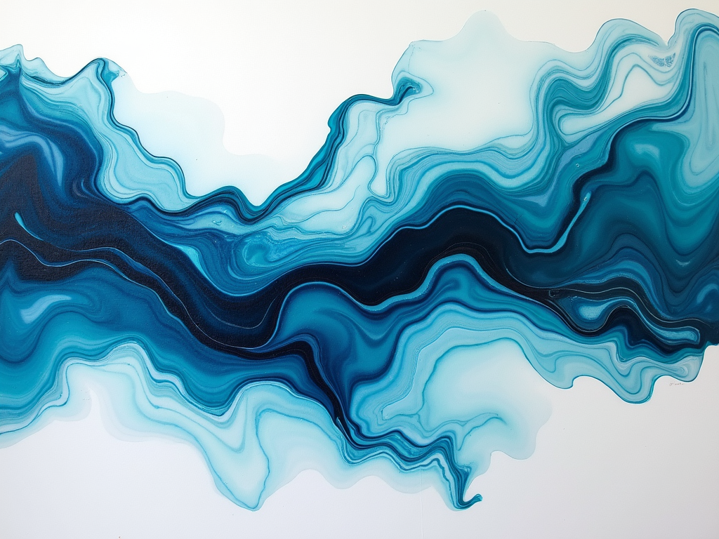 An abstract image featuring fluid, swirling patterns in various shades of blue, creating a dynamic wave-like effect.