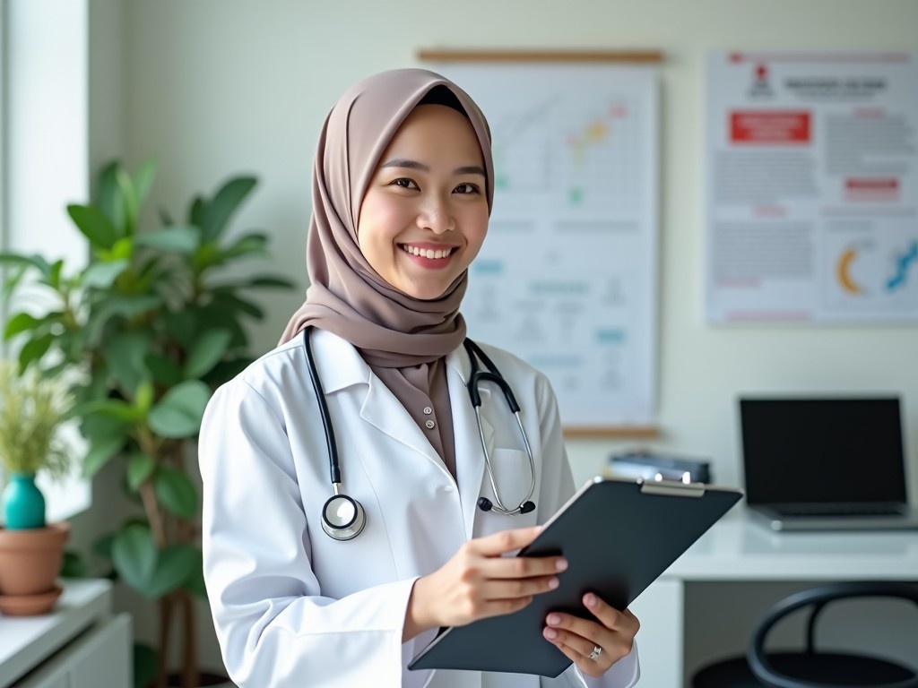 This image features a smiling Malay lady doctor wearing a hijab, standing confidently in a modern medical office. She is holding a clipboard, indicating her readiness to assist or consult. The decor includes a plant and various medical documents on the wall, creating a professional atmosphere. Natural light fills the room, enhancing the welcoming feel. The doctor's attire is a white coat, signifying her role, and her friendly expression evokes trust and warmth.