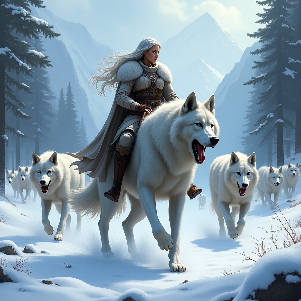 This artwork depicts a fantasy scene set in snowy mountains. A female warrior with long silver hair is riding a massive silver wolf. She leads a pack of wolves behind her, creating a sense of adventure and strength. The mountains in the background are majestic, adding depth to the landscape. The snow-covered ground reflects the soft light, enhancing the magical atmosphere of the scene.