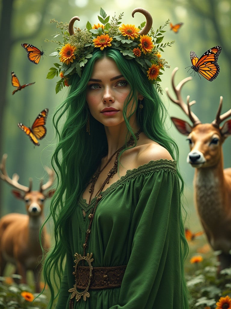 Mystical woman with green hair, adorned with flowers and leaves. Surrounded by deer and butterflies in lush forest setting.